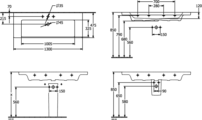 Villeroy & Boch Schrankwaschtisch Subway 3.0, 1300x475x170mm, glänzend, weiß Alpin, mit Überlauf, TitanCeram, für 3-Loch-Armatur
