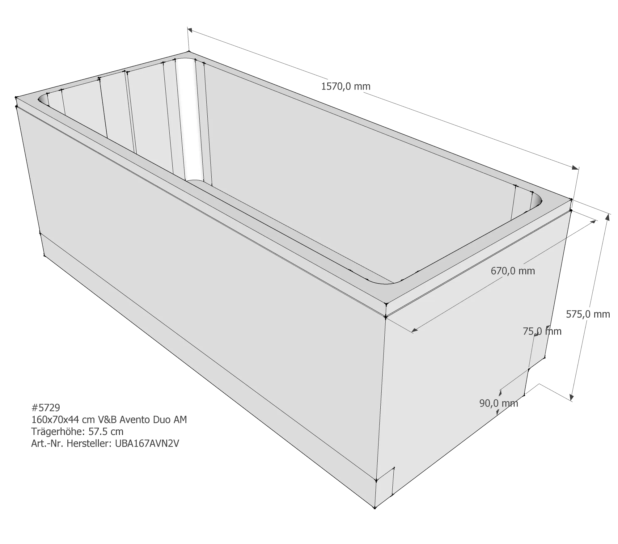 Badewannenträger für Villeroy & Boch Avento 160 × 70 × 44 cm Breite: 70 cm / Länge: 160 cm