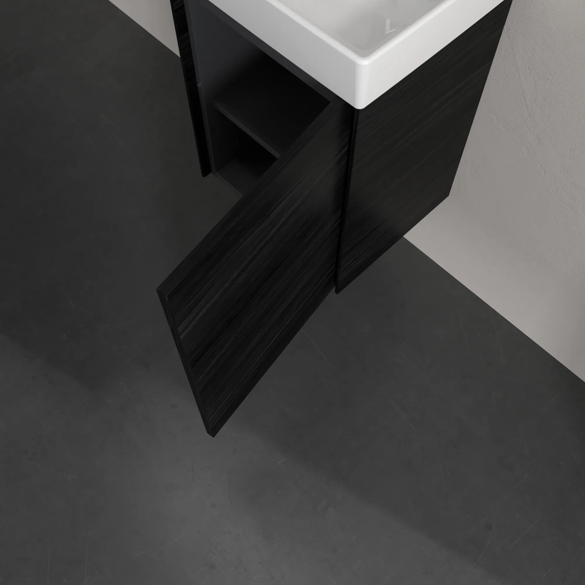 Villeroy & Boch Waschtischunterschrank mit Tür „Collaro“ 410 × 546 × 344 mm Black Oak, für Becken mittig, Anschlag rechts, ohne Beleuchtung Villeroy & Boch Waschtischunterschrank mit Tür „Collaro“ 410 × 546 × 344 mm Black Oak, für Becken mittig, Anschlag rechts, ohne Beleuchtung