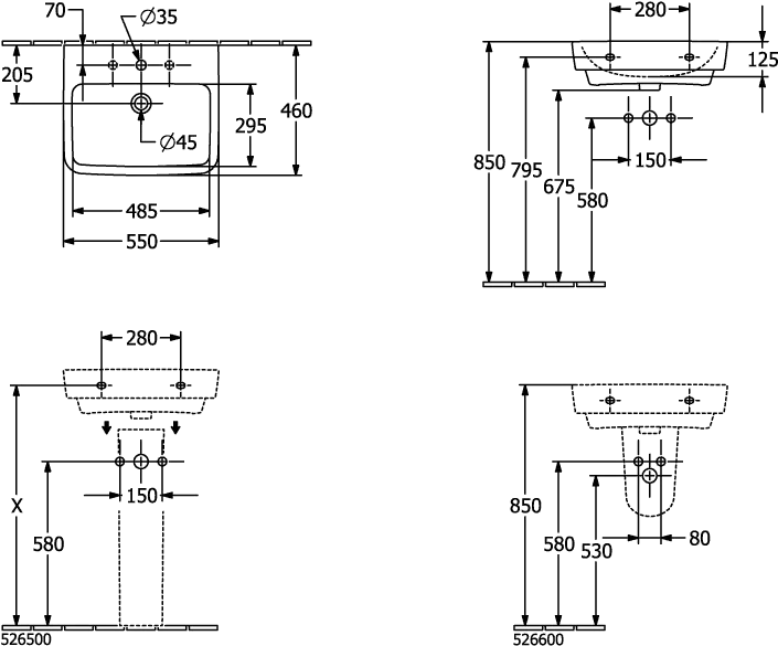 Villeroy & Boch Wandwaschtisch „O.novo“ 550 × 460 × 175 mm, für Becken mittig, mit Hahnlochbohrung, Hahnlochposition mittig in Weiß Alpin Villeroy & Boch Wandwaschtisch „O.novo“ 550 × 460 × 175 mm, für Becken mittig, mit Hahnlochbohrung, Hahnlochposition mittig in Weiß Alpin