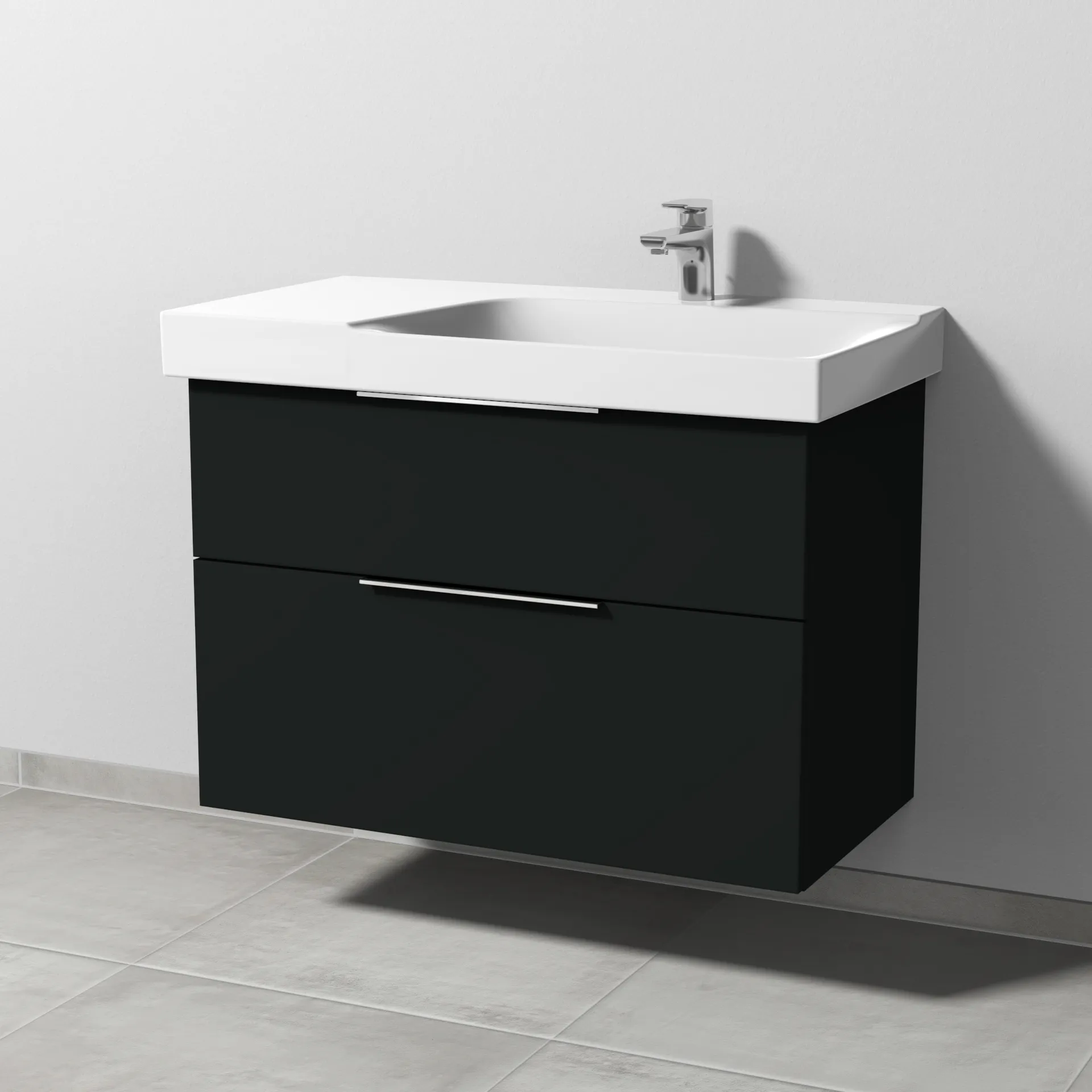 Sanipa Waschtischunterschrank „3way“ passend zu Keramik-Waschtische Xeno2 von Geberit 850 × 593 × 452 mm in Vulkan (matt), Becken rechts