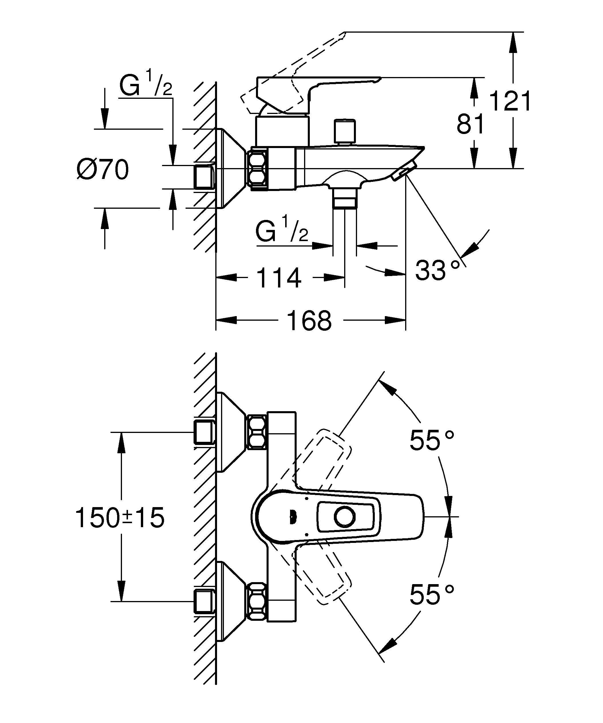 Einhand-Wannenbatterie BauLoop 23602_1, Wandmontage, mit Temperaturbegrenzer, S-Anschlüsse, eigensicher, chrom