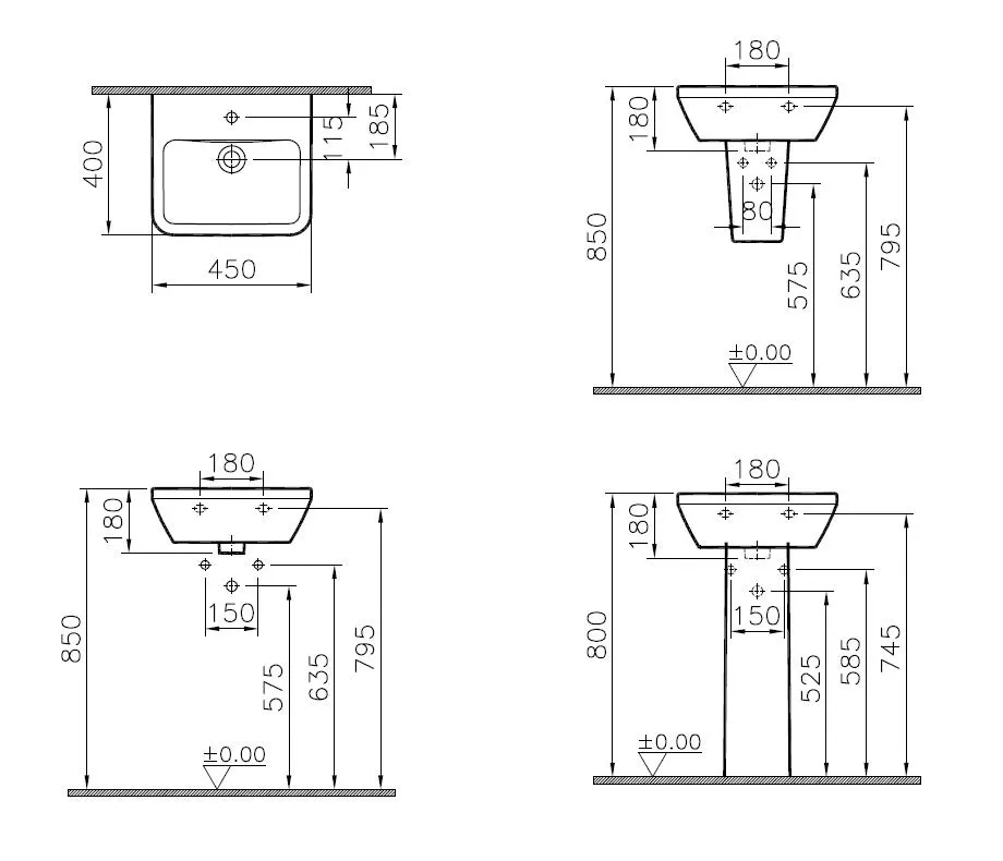 VitrA Integra Handwaschbecken 45 x 40 cm eckig mit Hahnloch Überlauf Weiß Hochglanz