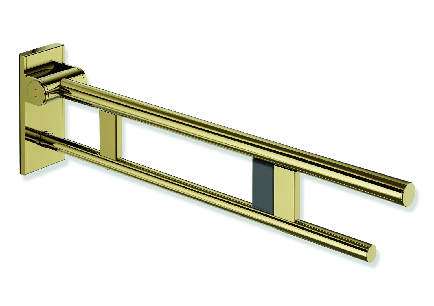 HEWI System 900 - Mobiler Stützklappgriff Duo, rechts, PVD Gold glänzend, Ausladung 750 mm, Funk-Spülauslösung, passend zu WC-Spülsystemen von Geberit, Mepa, Viega, Sanit, Friatec, TECE und Grohe