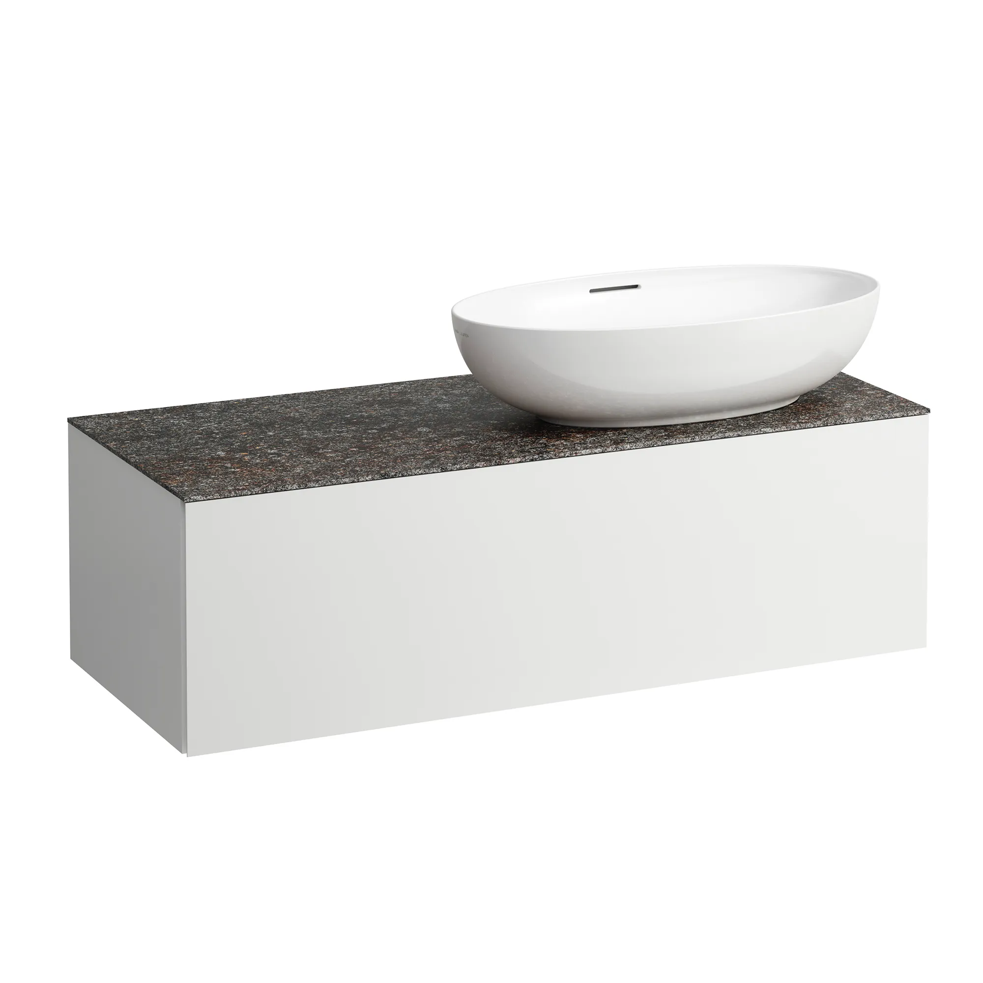 Schubladenelement (Waschtischunterbau+Waschtischplatte) ILBAGNOALESSI 500x1200x370 1 Schublade integrierte versteckte Griffe seitlich Vollauszug Soft-Close Ausschnitt rechts Marrone Naturale Top passend zu Waschtisch H818975/6 H818977/8 Weiß matt