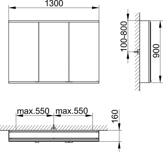 Royal Modular 2.0 800311131100200 Spiegelschrank beleuchtet Wandvorbau, 2 Steckdosen 1300 x 900 x 160 mm silber-eloxiert