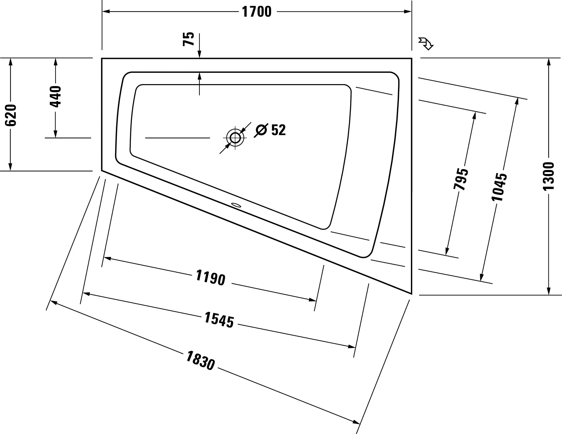 Duravit Badewanne „Paiova“ sonderform 170 × 130 cm, rechts