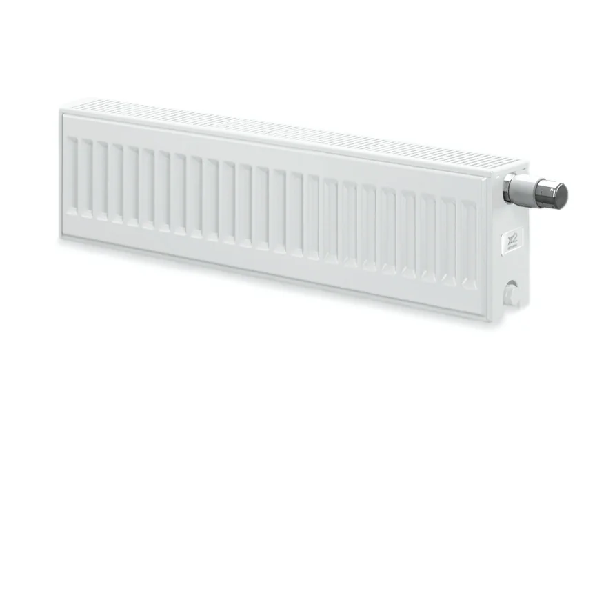 Flachheizkörper therm-x2 Profil-V Typ 22, HxLxT: 200x600x100 mm, Farbe: Weiß RAL 9016 seidenglanz, Ventilposition: links, 10 bar, Abdeckung: mit, Wärmeleistung 75/65-20: 407 Watt, ohne Laschen