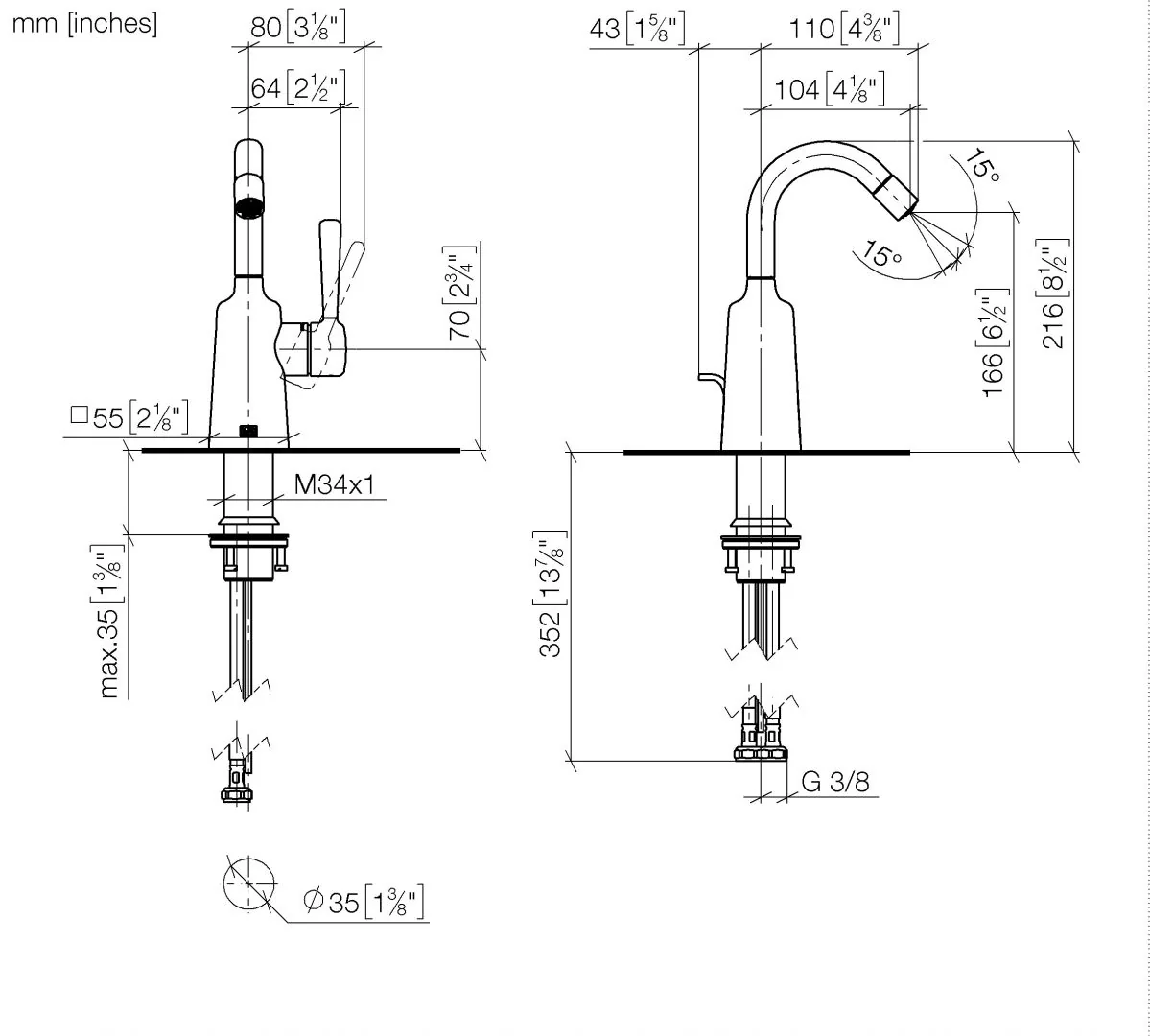Dornbracht Bidet-Einhandbatterie COYA, Messing gebürstet (23kt Gold), Ausladung 104 mm, Armaturenhöhe 216 mm, Bohrungsdurchmesser 35 mm