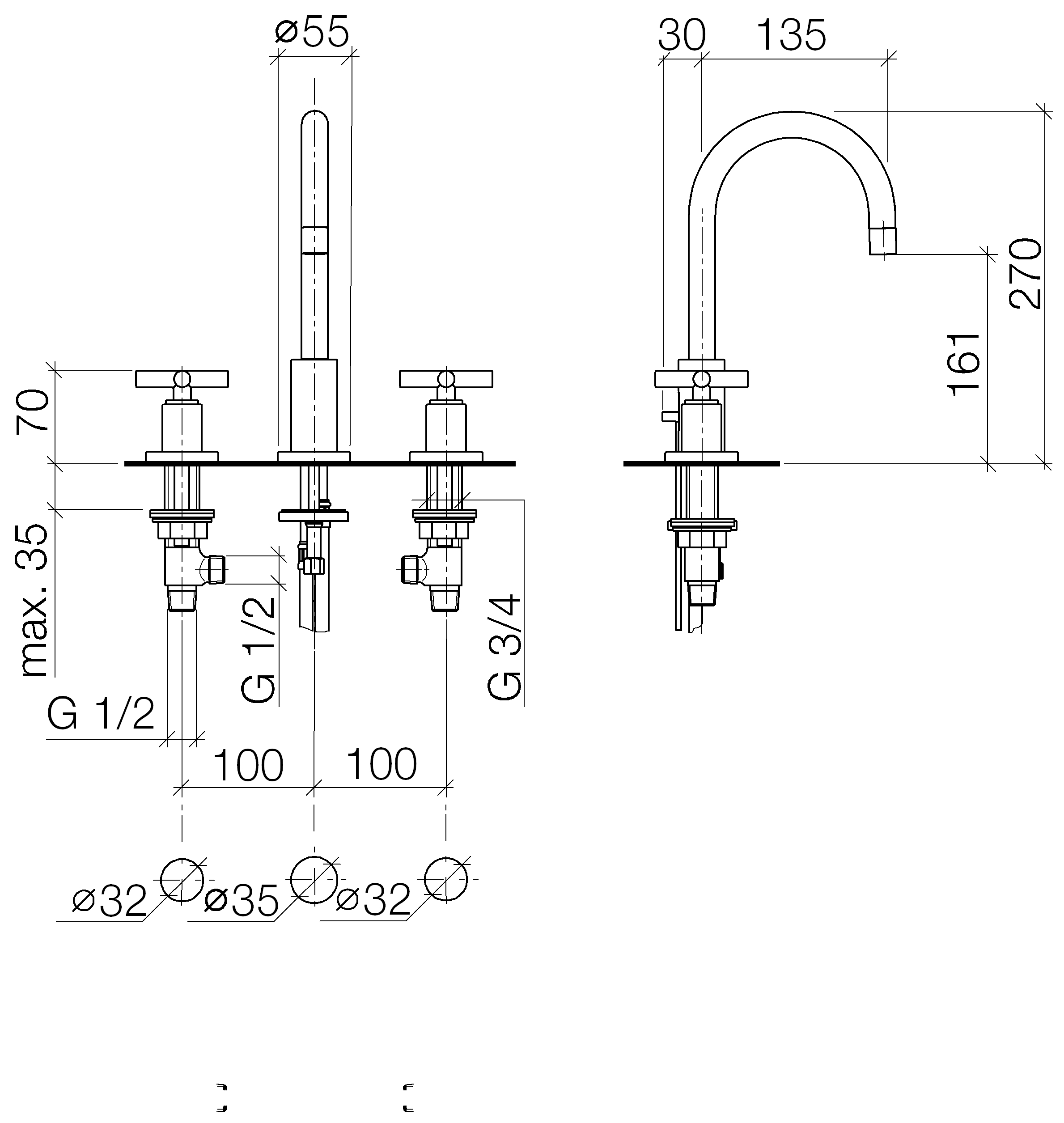 Tara Waschtisch-Dreilochbatterie mit Ablaufgarnitur 13,5 cm