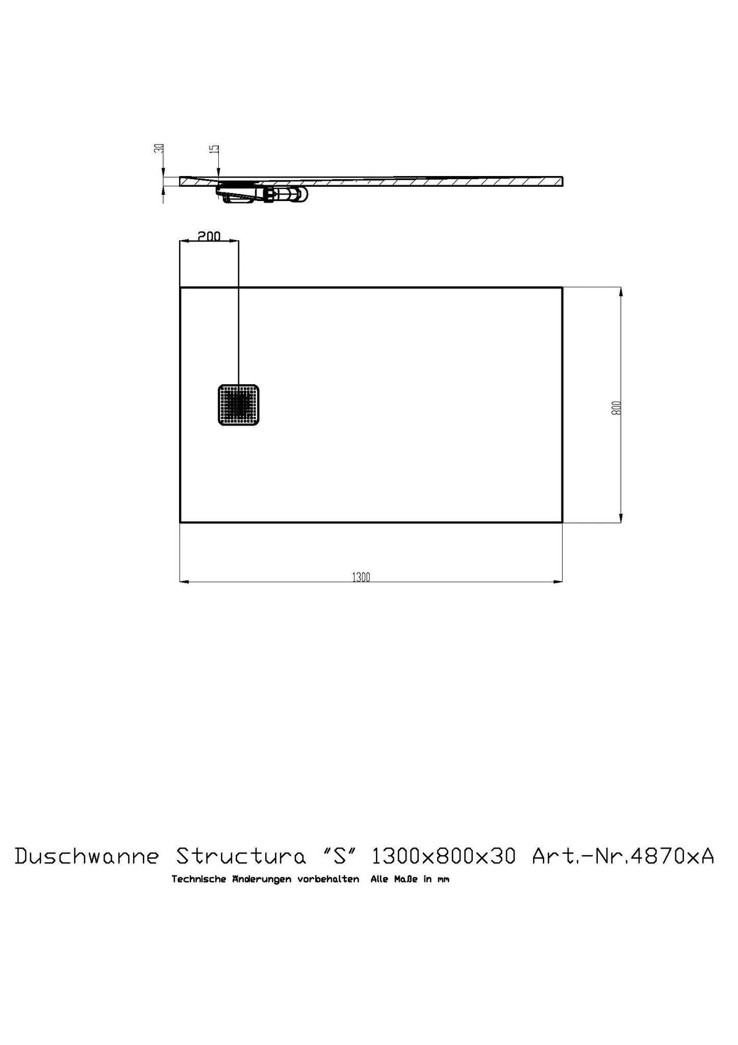 Duschwanne Structura ″S″ 1300x800x30 in gesoftete Schieferoptik, mit Antirutsch B, Material Solique, Weiß