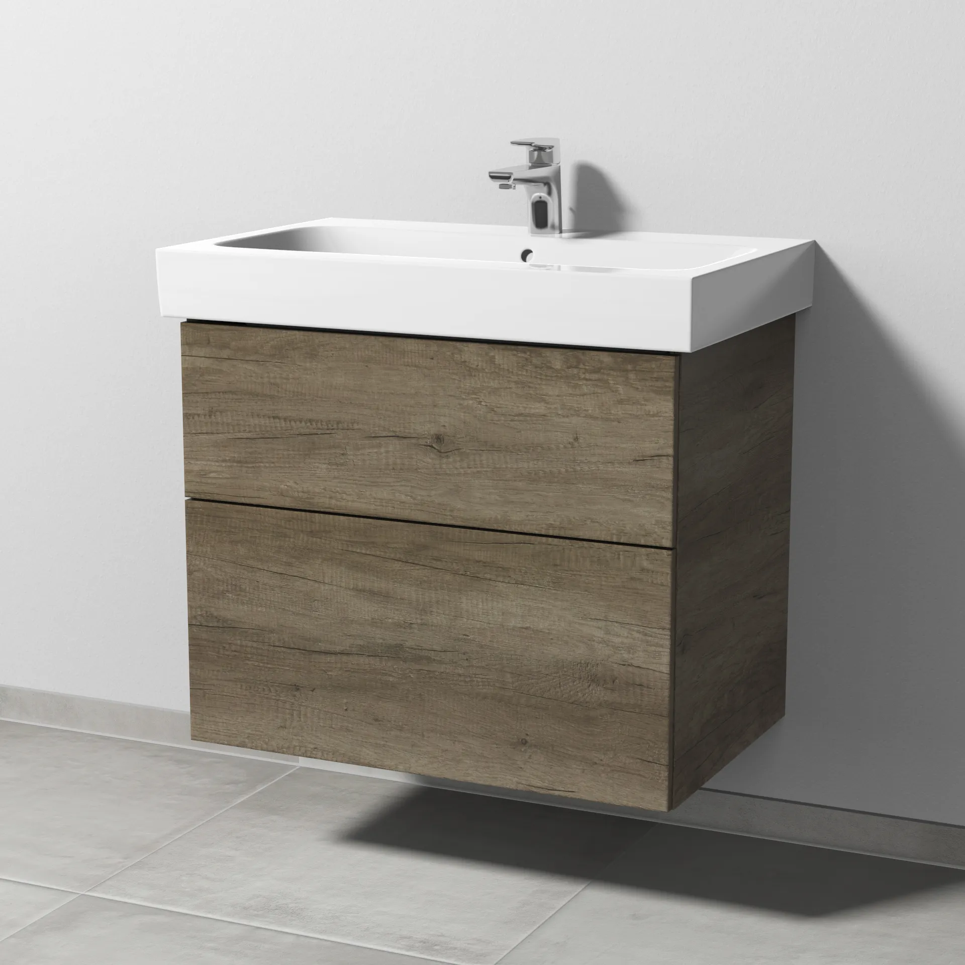 Sanipa Waschtischunterschrank „3way“ passend zu Keramik-Waschtische iCon von Geberit 700 × 593 × 462 mm in Eiche Nebraska, Becken mittig