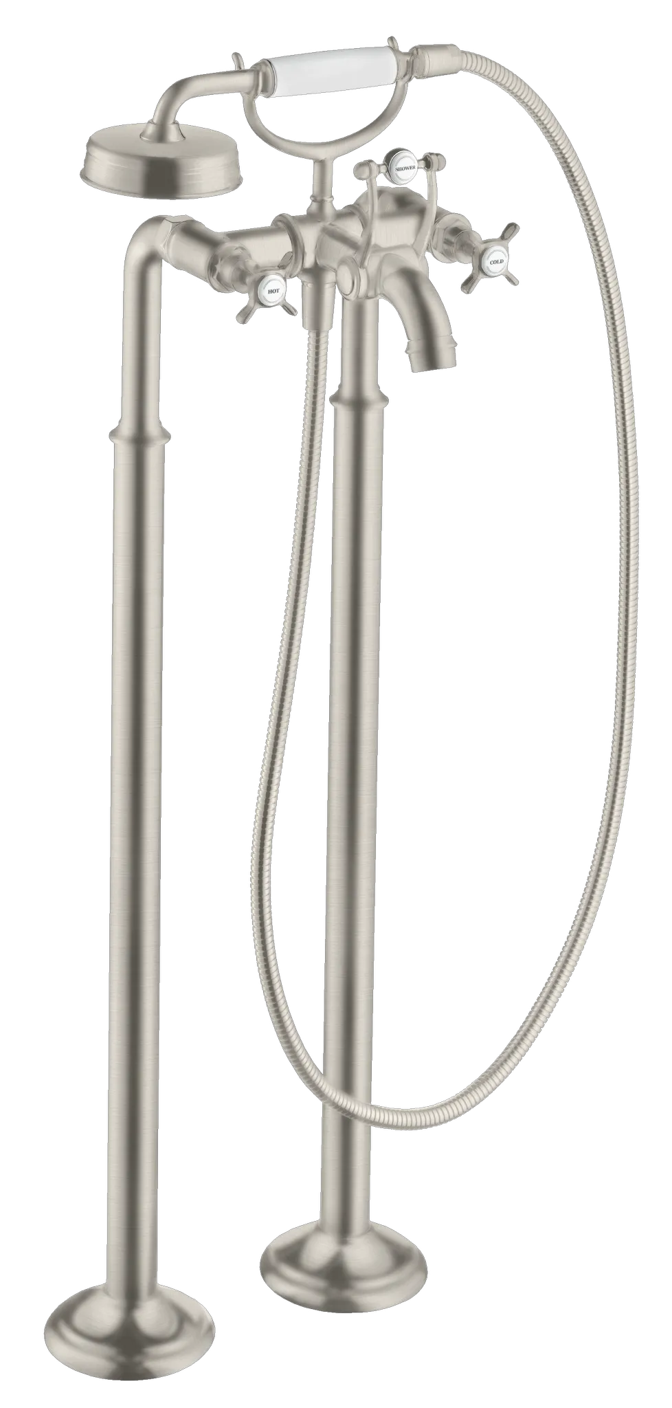 Hansgrohe AXOR Montreux 2-Griff Wannenarmatur bodenstehend mit Kreuzgriffen, Edelstahl Optic Hansgrohe AXOR Montreux 2-Griff Wannenarmatur bodenstehend mit Kreuzgriffen, Edelstahl Optic