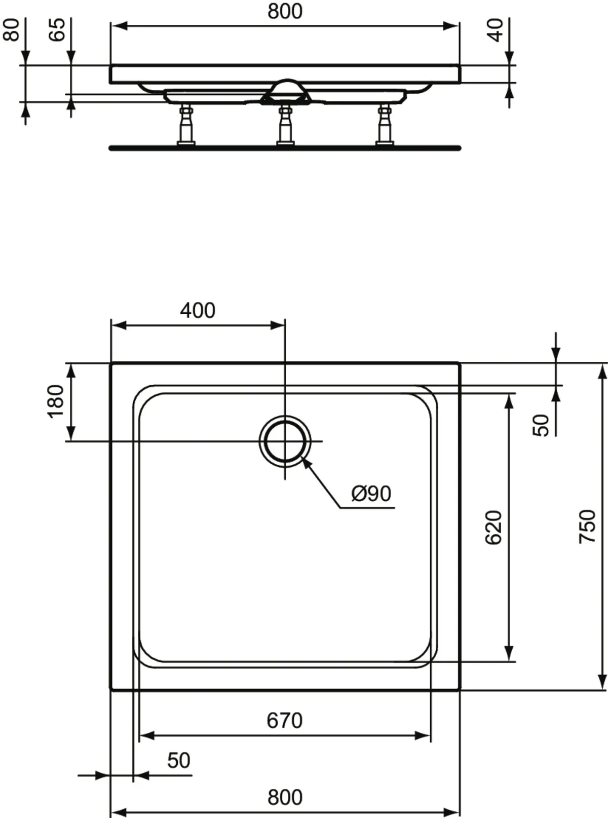 Ideal Standard Rechteck-Brausewanne Hotline Neu, Weiß, 800x750x80mm