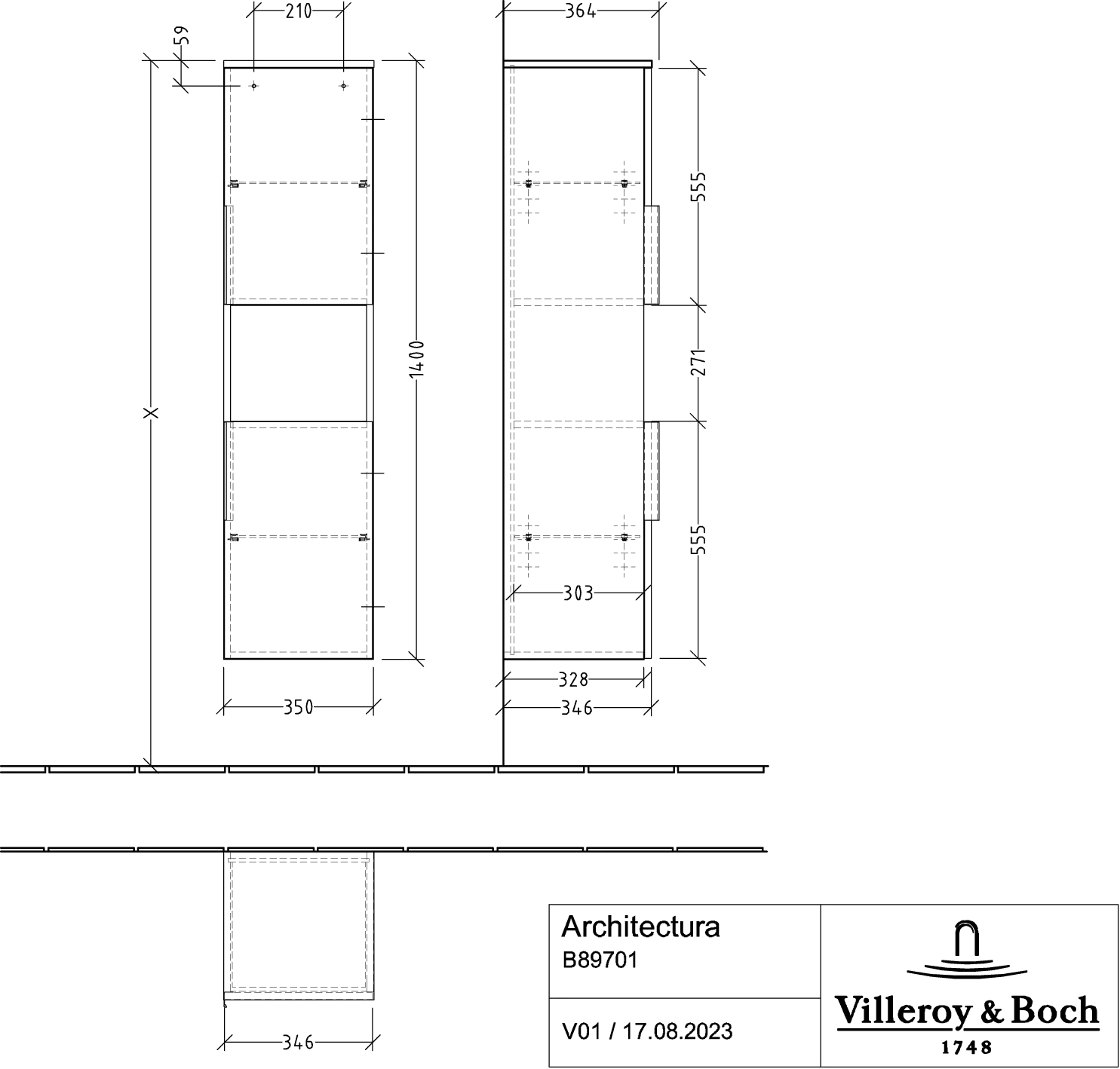 Villeroy & Boch Architectura Hochschrank B89701, 350x1400x364mm, 2 Türen, rechts Anschlag, White Matt Villeroy & Boch Architectura Hochschrank B89701, 350x1400x364mm, 2 Türen, rechts Anschlag, White Matt