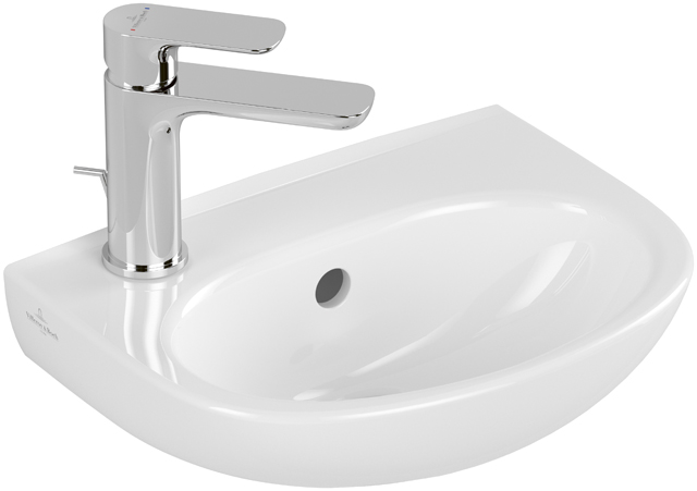 Handwaschbecken O.novo 43403L, 360 x 275 mm, Oval, Becken mittig, 1HL. Hahnloch links durchgestochen, mit Überlauf, Weiß Alpin