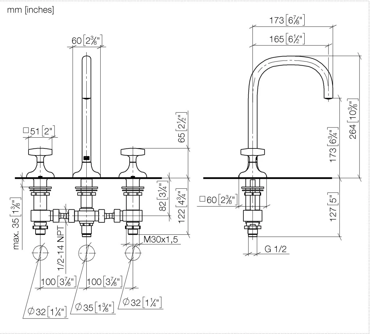 Dornbracht COYA Waschtisch-Dreilochbatterie Chrom, Ausladung 165 mm, Armaturenhöhe 264 mm, Bohrungsdurchmesser Seitenventil 32 mm, Auslauf 35 mm, Rosette 60 x 60 mm