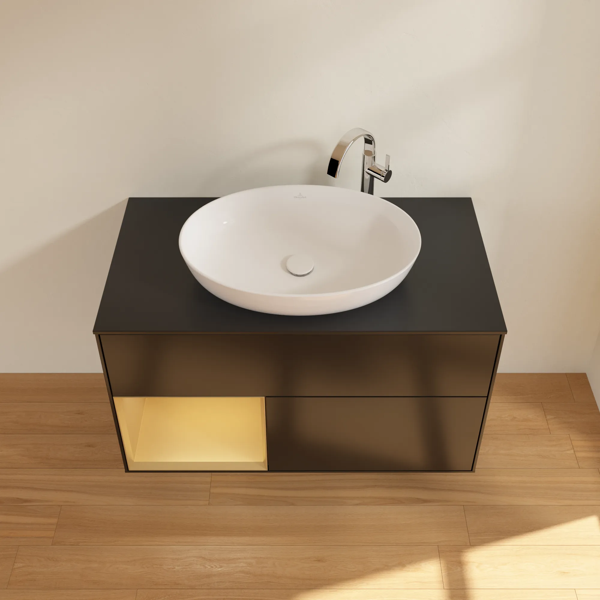 Villeroy & Boch Waschbeckenunterschrank Finion F89, 1000x603x501 mm, Black Matt Lacquer mit Gold Regal, Beleuchtung dimmbar, Push-to-open, SoftClosing