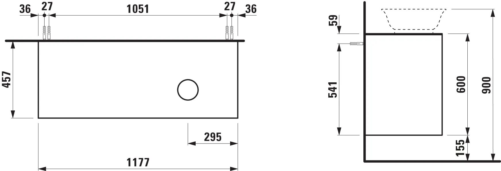 Laufen THE NEW CLASSIC Waschtischunterbau 457x1177x600, rechts Ausschnitt, 2 Schubladen, weiß matt Laufen THE NEW CLASSIC Waschtischunterbau 457x1177x600, rechts Ausschnitt, 2 Schubladen, weiß matt
