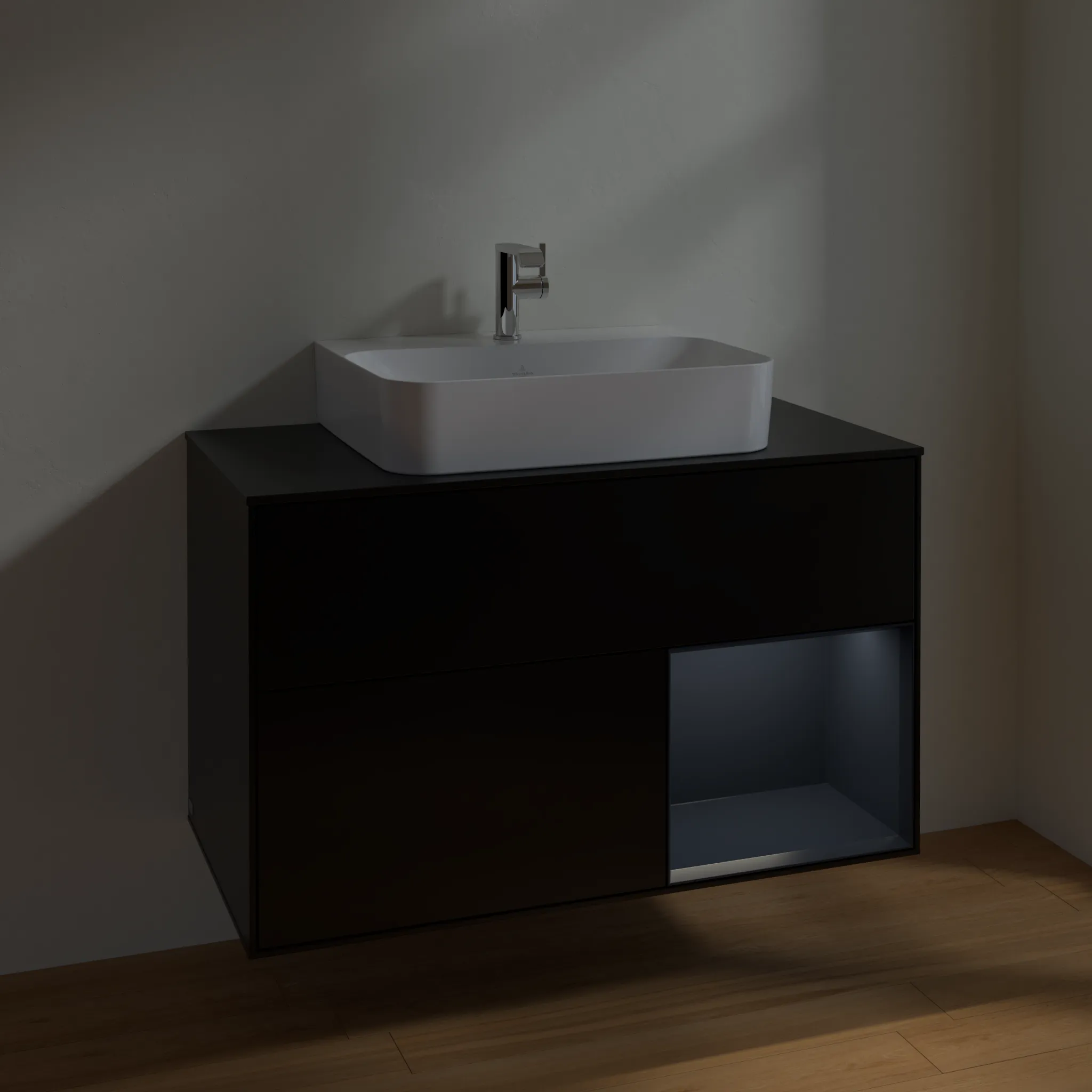 Villeroy & Boch Waschbeckenunterschrank Finion F12, 1000x603x501 mm, Black Matt Lacquer / Midnight Blue Matt Lacquer, mit Beleuchtung und Push-to-open Funktion Villeroy & Boch Waschbeckenunterschrank Finion F12, 1000x603x501 mm, Black Matt Lacquer / Midnight Blue Matt Lacquer, mit Beleuchtung und Push-to-open Funktion