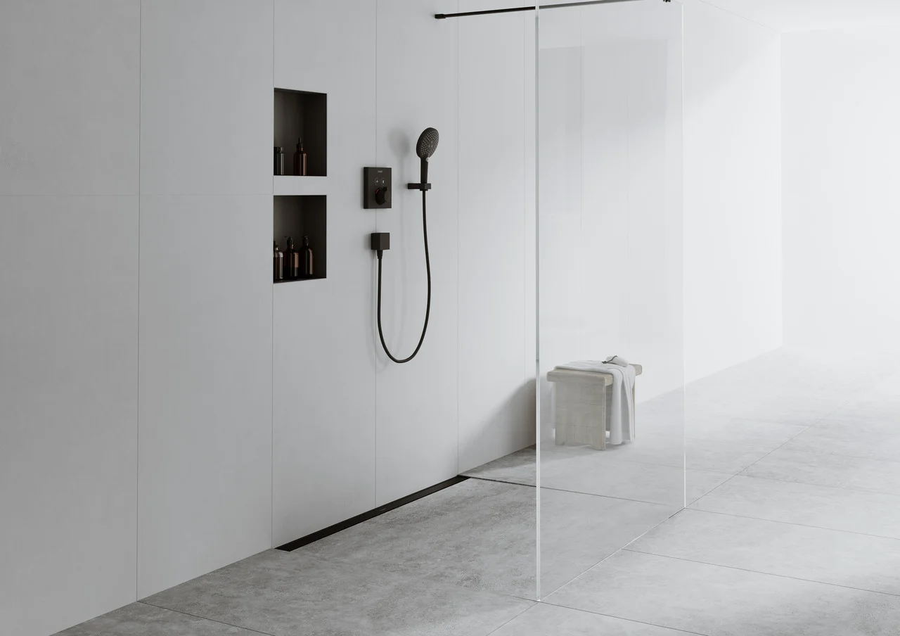 Hansgrohe RainDrain Match Duschrinne 600 mm, Mattschwarz, höhenverstellbarer Rahmen, Edelstahl V2A Hansgrohe RainDrain Match Duschrinne 600 mm, Mattschwarz, höhenverstellbarer Rahmen, Edelstahl V2A