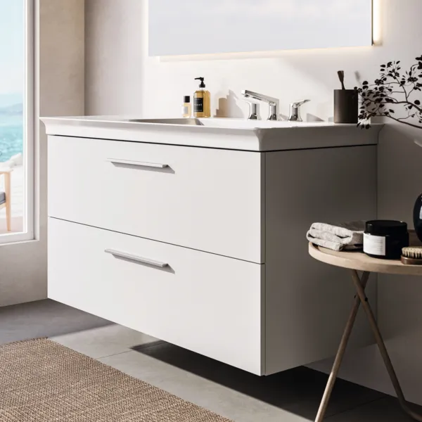 Möbelwaschtischunterschrank i.life B 2 Auszüge Siphonausschnitt auf der rechten Seite 1200x505x630mm Weiß matt Möbelwaschtischunterschrank i.life B 2 Auszüge Siphonausschnitt auf der rechten Seite 1200x505x630mm Weiß matt