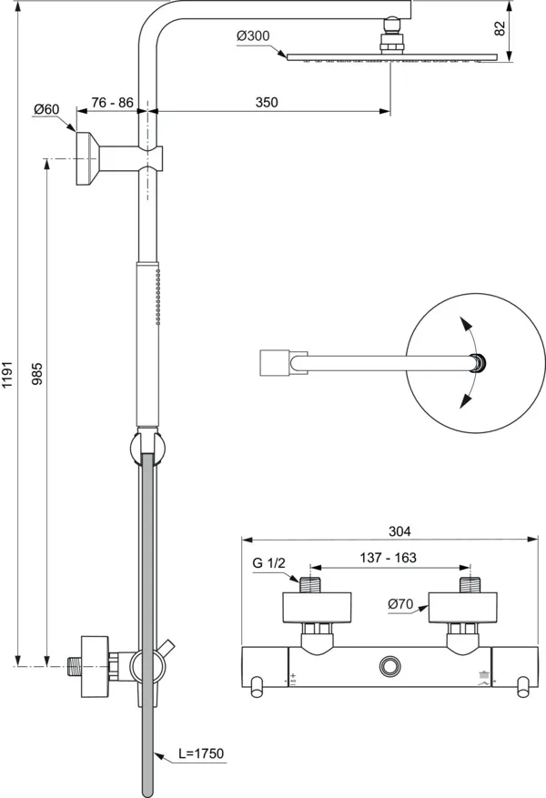 Ideal Standard Ceratherm T125 Duschsystem mit Badethermostat Pin-Griffe Chrom Ideal Standard Ceratherm T125 Duschsystem mit Badethermostat Pin-Griffe Chrom
