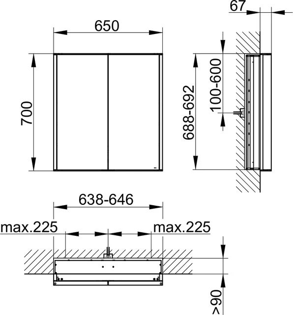 Royal Match 12811171301 Spiegelschrank Royal Match 2-türig, Wandeinbau 650 × 700 × 150 mm silber-eloxiert