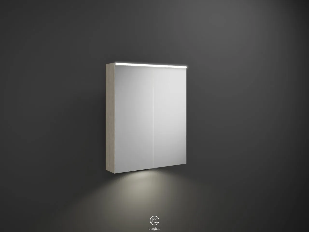 Spiegelschrank Eqio von burgbad - beidseitig verspiegelt, LED-Aufsatzleuchte 4250 K, Schalter-Steckdosenelement, Glaseinlegeböden, LED-Waschtischbeleuchtung 5 W, IP24, 170x650x800 mm