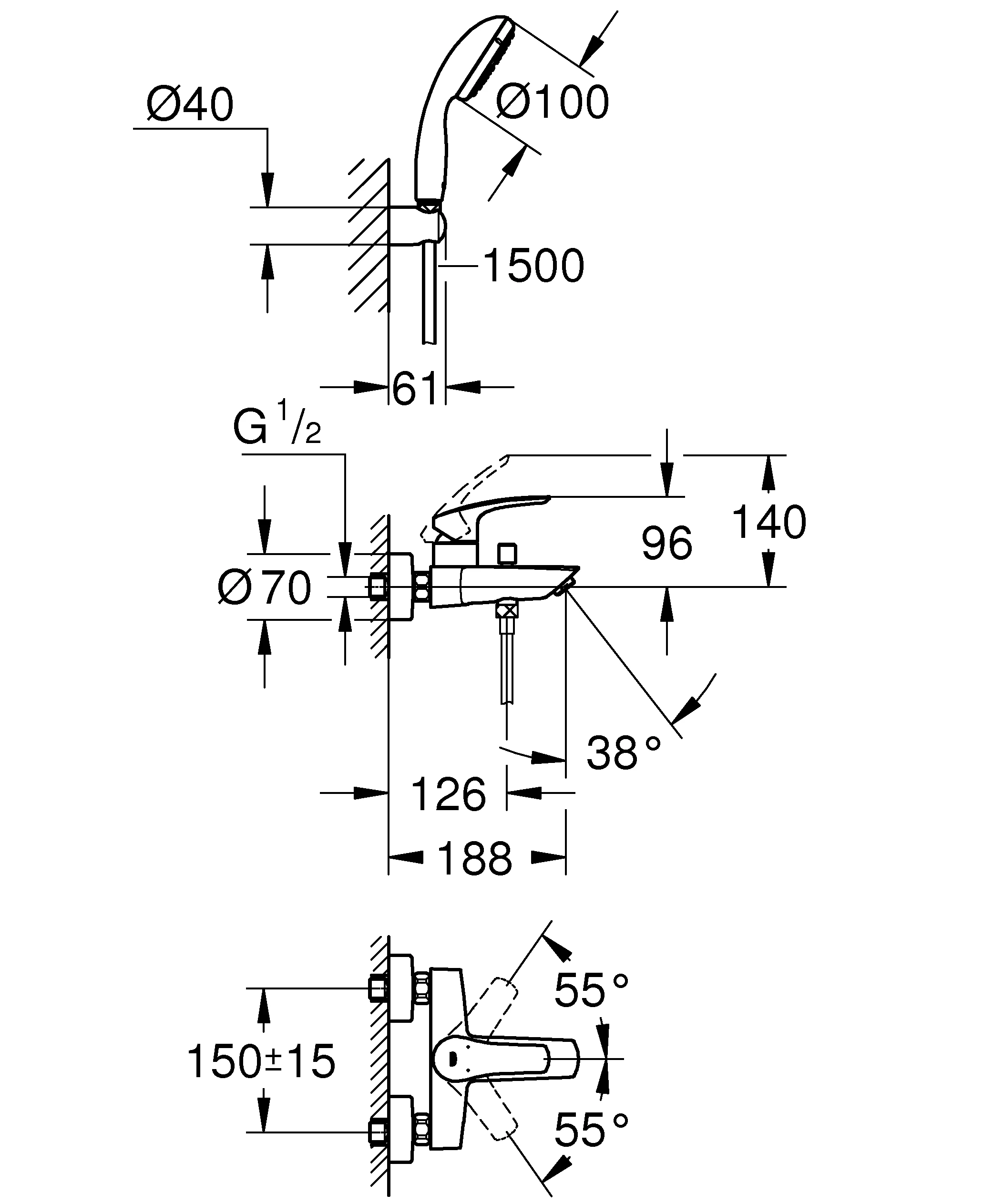 Einhand-Wannenbatterie Eurosmart 33302_3, mit Tempesta Wandhalterset, Wandmontage, Temperaturbegrenzer, S-Anschlüsse, eigensicher, chrom