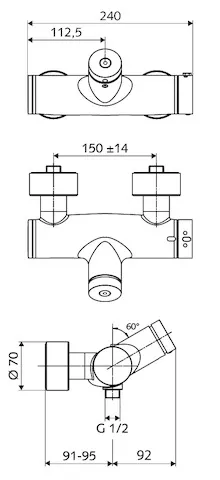 Aufputz-Duscharmatur VITUS VD-SC-T / u, Mischwasser, Thermostat, Selbstschluss-Aufputz-Duscharmatur, 2 RFV, 2x DN 15 G 1/2 AG, DN 15 G 1/2 AG (unten), chrom