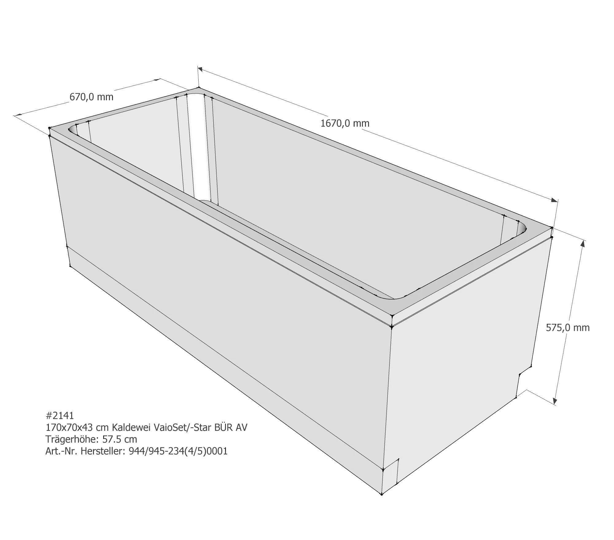 Badewannenträger für Kaldewei Vaio Set 170 × 70 × 43 cm Ab- und Überlaufposition: vorn / Breite: 70 cm / Länge: 170 cm