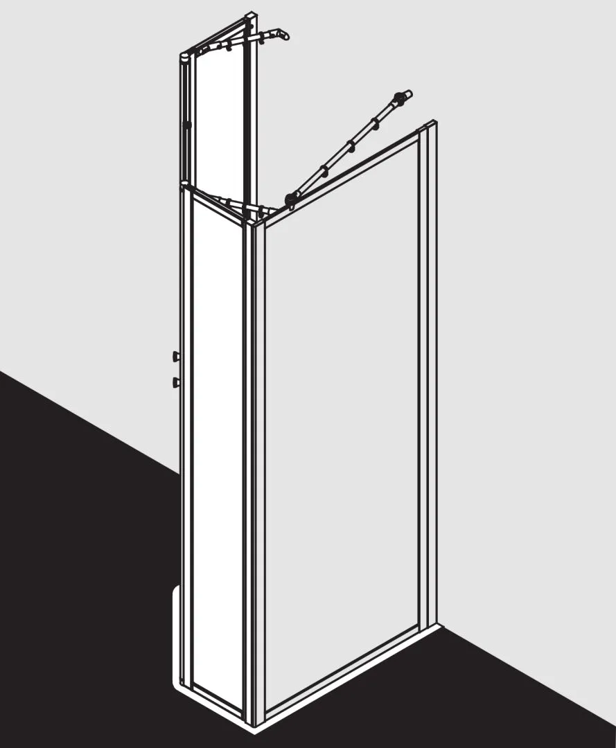Kermi Duschdesign Fünfeck-Duschkabine mit Pendeltüren mit Festfeldern „NOVA 2000“ Glas Kerolan Fontana, Profile Silber Mattglanz, Anschlag links und rechts, Drehtür zweiteilig BV: 775 - 800 mm WE: 785 - 810 mm H: 1850 mm