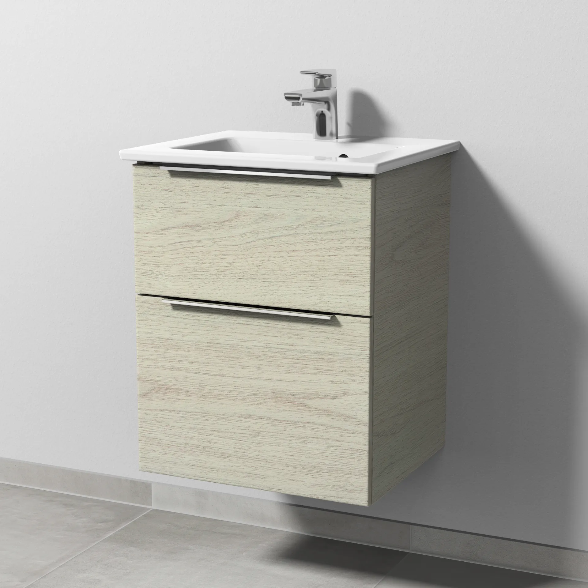 Keramik-Waschtisch-Set mit Waschtischunterschrank „3way“ 46,5 × 40,1 × 59,1 cm in White Oak, mit Hahnlochbohrung, Becken mittig