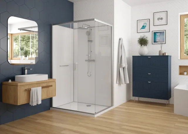 Hoesch nUnity Duschkabine Liberty Eckversion 1200x800 mit Schiebetüren und Armatur Hoesch nUnity Duschkabine Liberty Eckversion 1200x800 mit Schiebetüren und Armatur