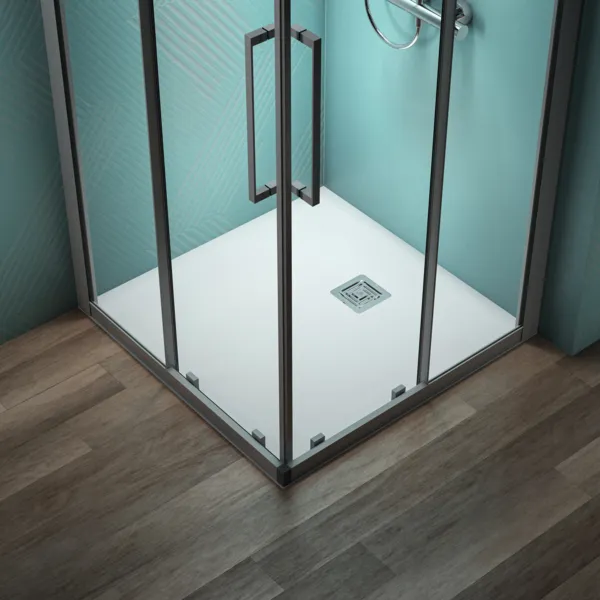 Ideal Standard Quadrat-Brausewanne Ultra Flat S +, Carraraweiß, 900x900 mm, Ablauf 25 cm Mitte/Seite, Bodenebener Einbau möglich