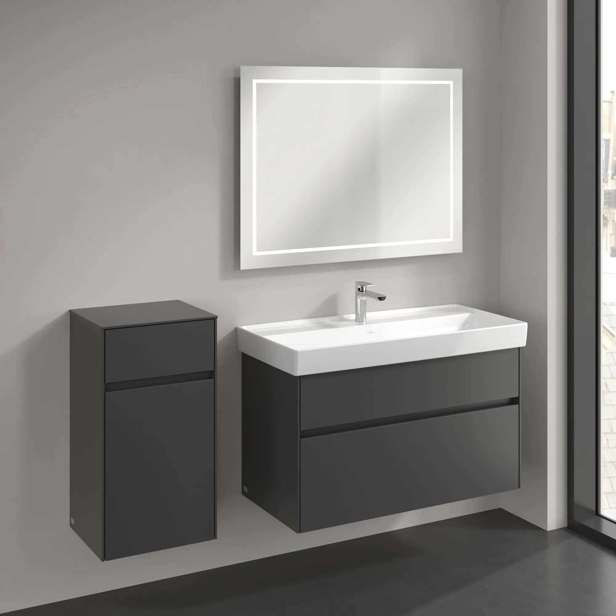 Villeroy & Boch Seitenschrank „Collaro“ 1 Tür, 1 Auszug / Schublade 40,4 × 74,8 × 34,9 cm 1 Tür, Anschlag (Scharnier) links, 1 Auszug / Schublade Villeroy & Boch Seitenschrank „Collaro“ 1 Tür, 1 Auszug / Schublade 40,4 × 74,8 × 34,9 cm 1 Tür, Anschlag (Scharnier) links, 1 Auszug / Schublade