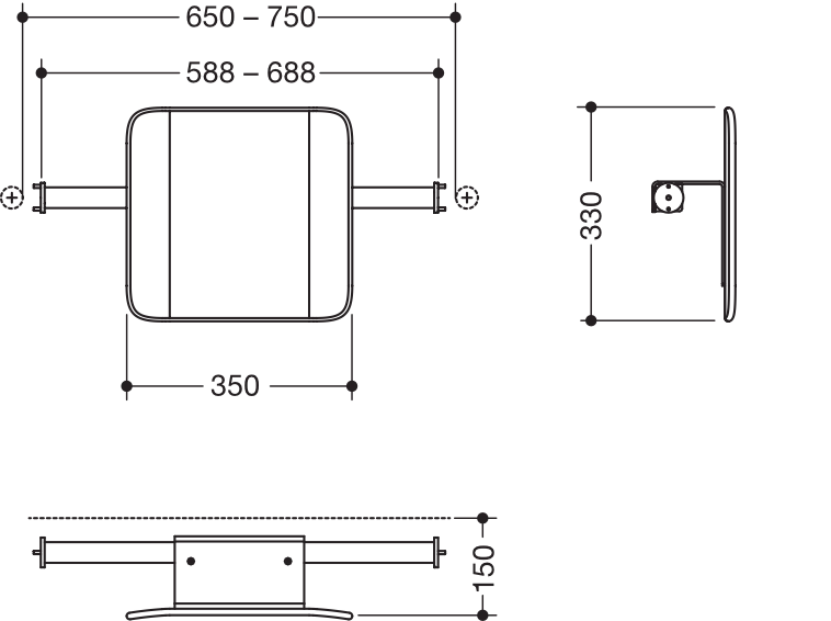 Rückenstütze des Systems 900, Anbindung aus Edelstahl, PVD, Lehne aus Kunststoff, schwarz, Achsmaß von 588 bis 688 mm bauseits verstellbar, T: 150 mm, Montage an Stützklappgriffen, Design (A) des Systems 900, in Farbe CK (messing glänzend)