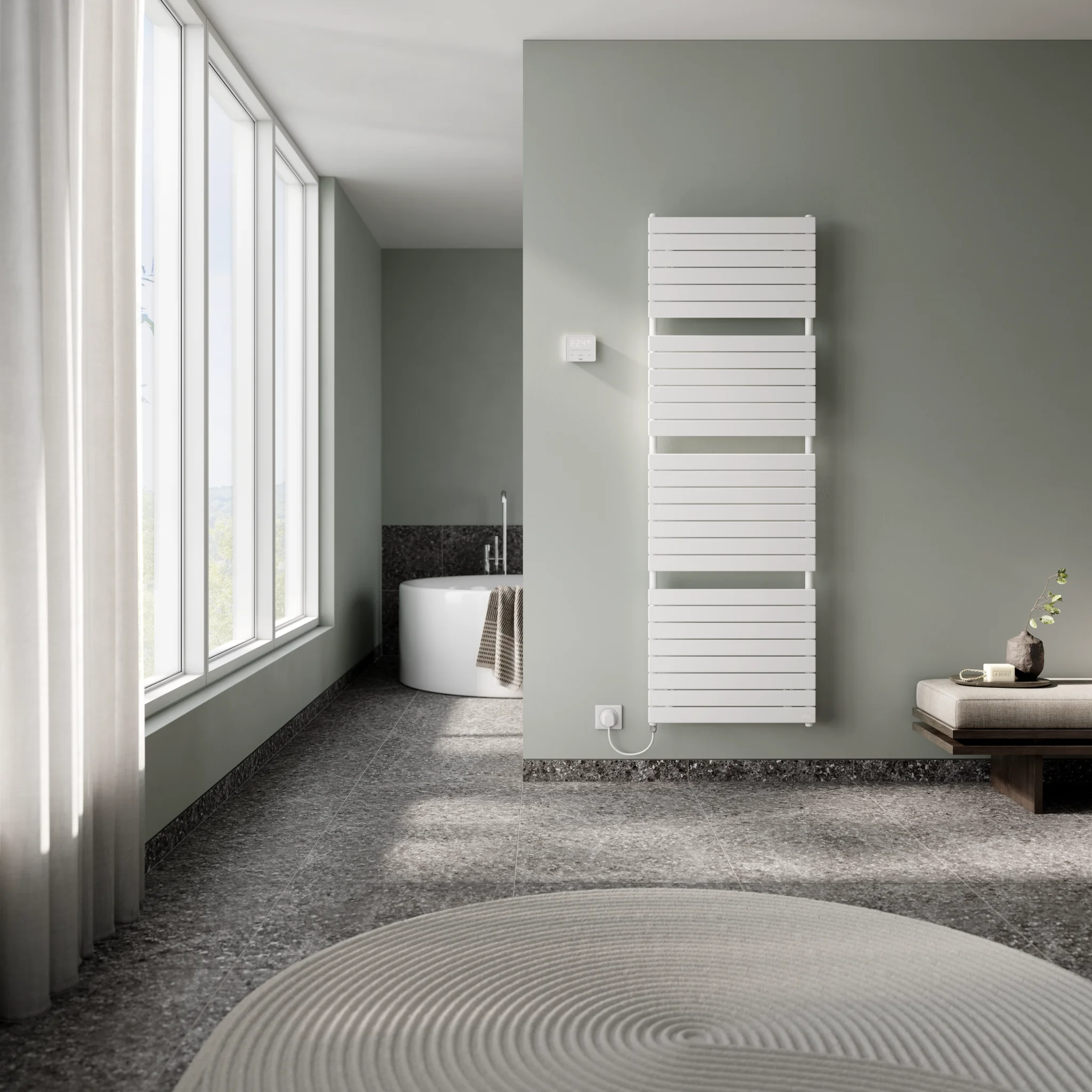 Kermi Aster Designheizkörper - Elektroheizung, RAL 9016 seidenglanz, 866x450x37 mm, links, 400W, EU-Stecker