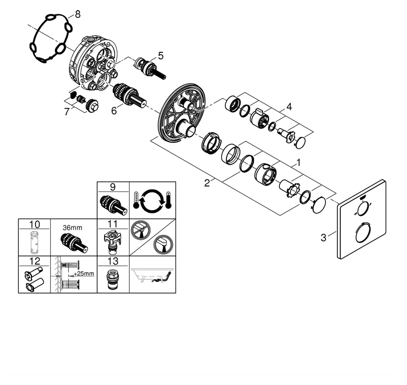 Thermostat-Wannenbatterie Grohtherm 24080, mit integrierter 2-Wege-Umstellung, Fertigmontageset für Rapido SmartBox, chrom