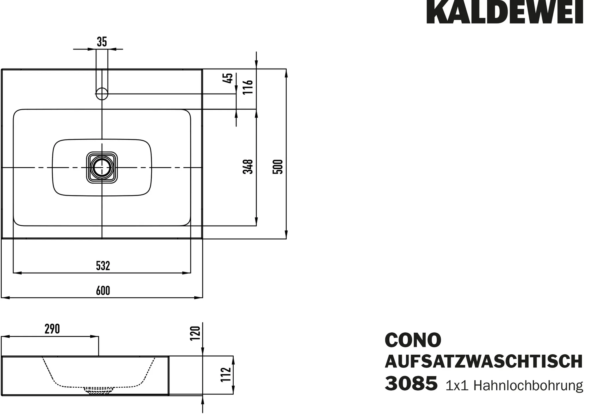 Aufsatzwaschtisch „Cono“ 60 × 50 cm, ohne Überlauf, mittig, mit Hahnlochbohrung in alpinweiß mit Perl-Effekt