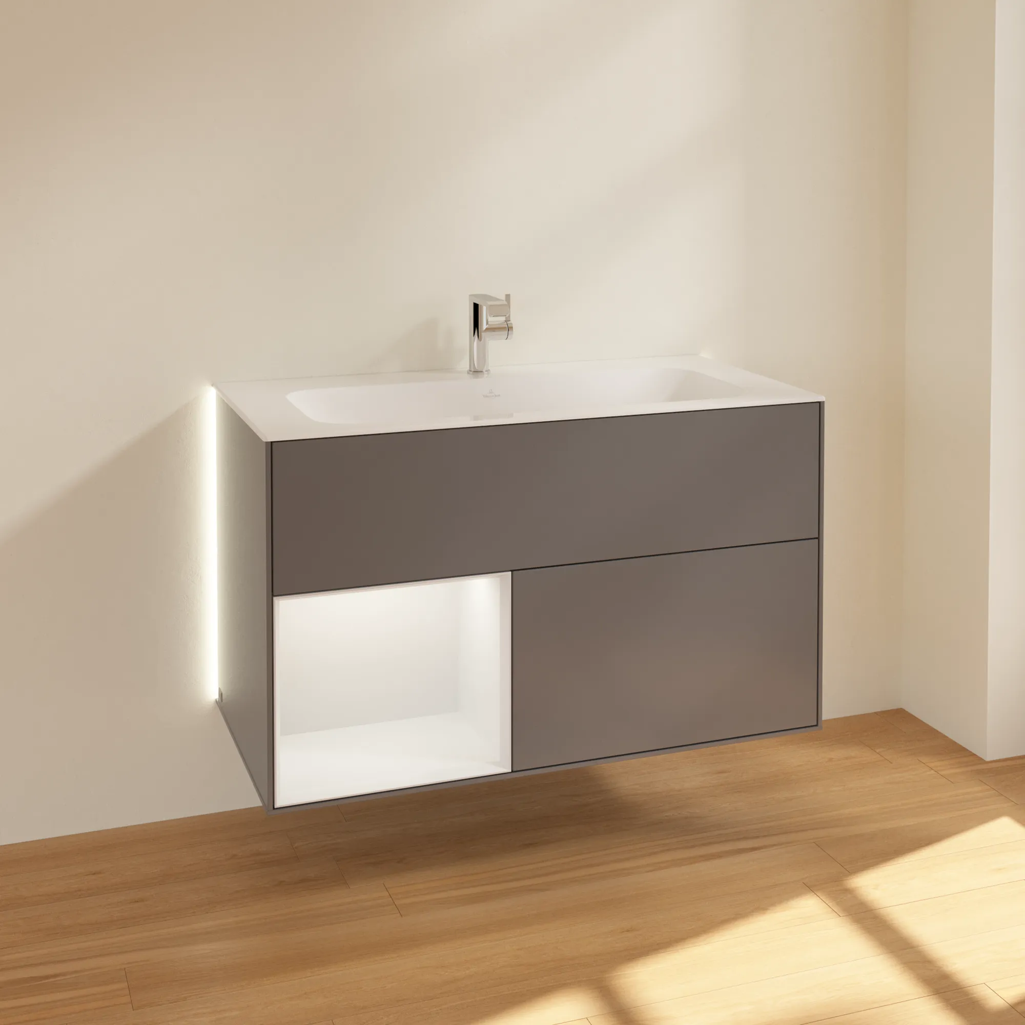 Villeroy & Boch Waschbeckenunterschrank Finion G03, Anthracite Matt Lacquer / Midnight Blue Matt Lacquer, 996x591x498 mm, mit Beleuchtung und Push-to-open Funktion Villeroy & Boch Waschbeckenunterschrank Finion G03, Anthracite Matt Lacquer / Midnight Blue Matt Lacquer, 996x591x498 mm, mit Beleuchtung und Push-to-open Funktion