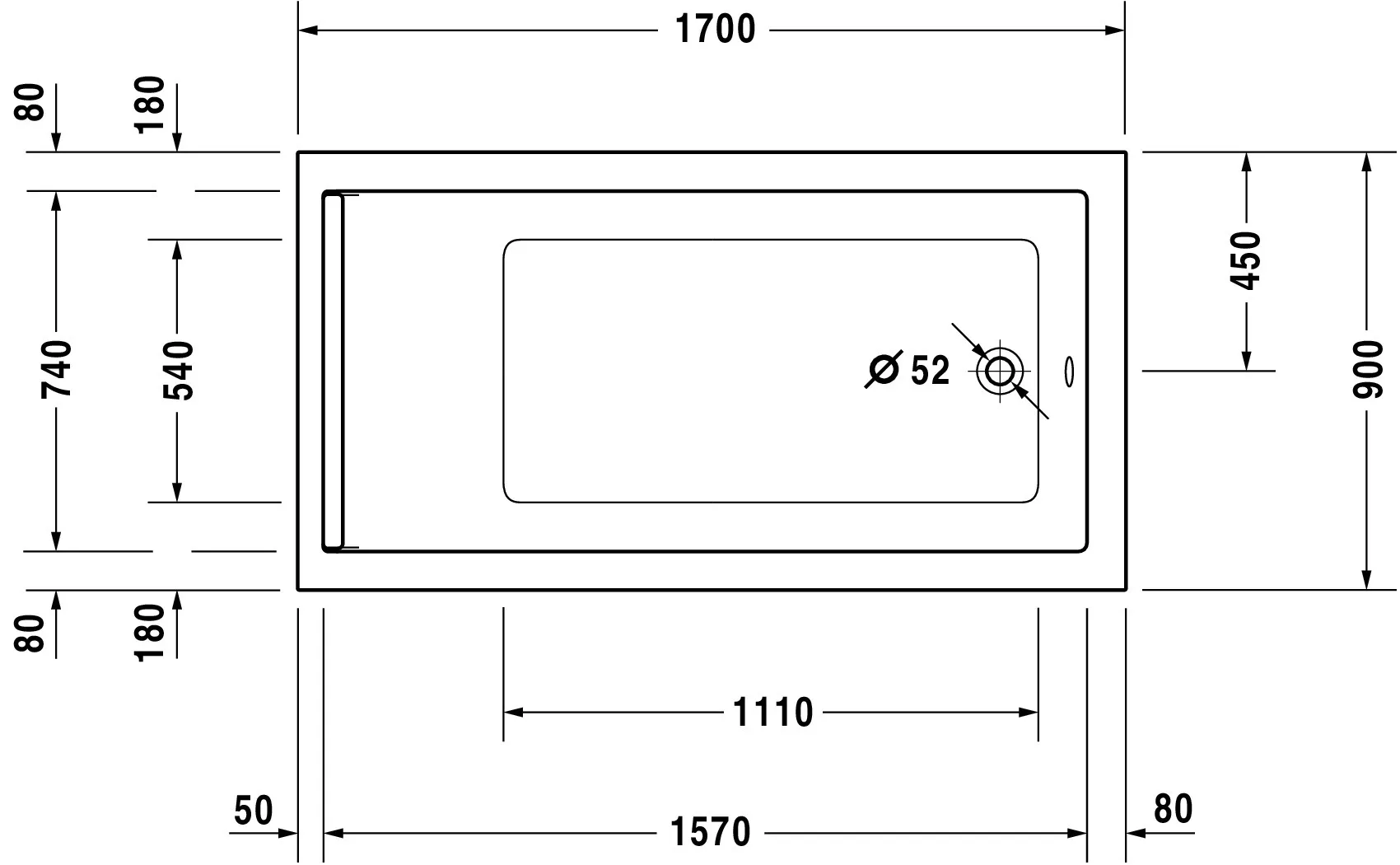 Duravit Whirlwanne „Starck“ rechteck 170 × 90 cm, Fußablauf