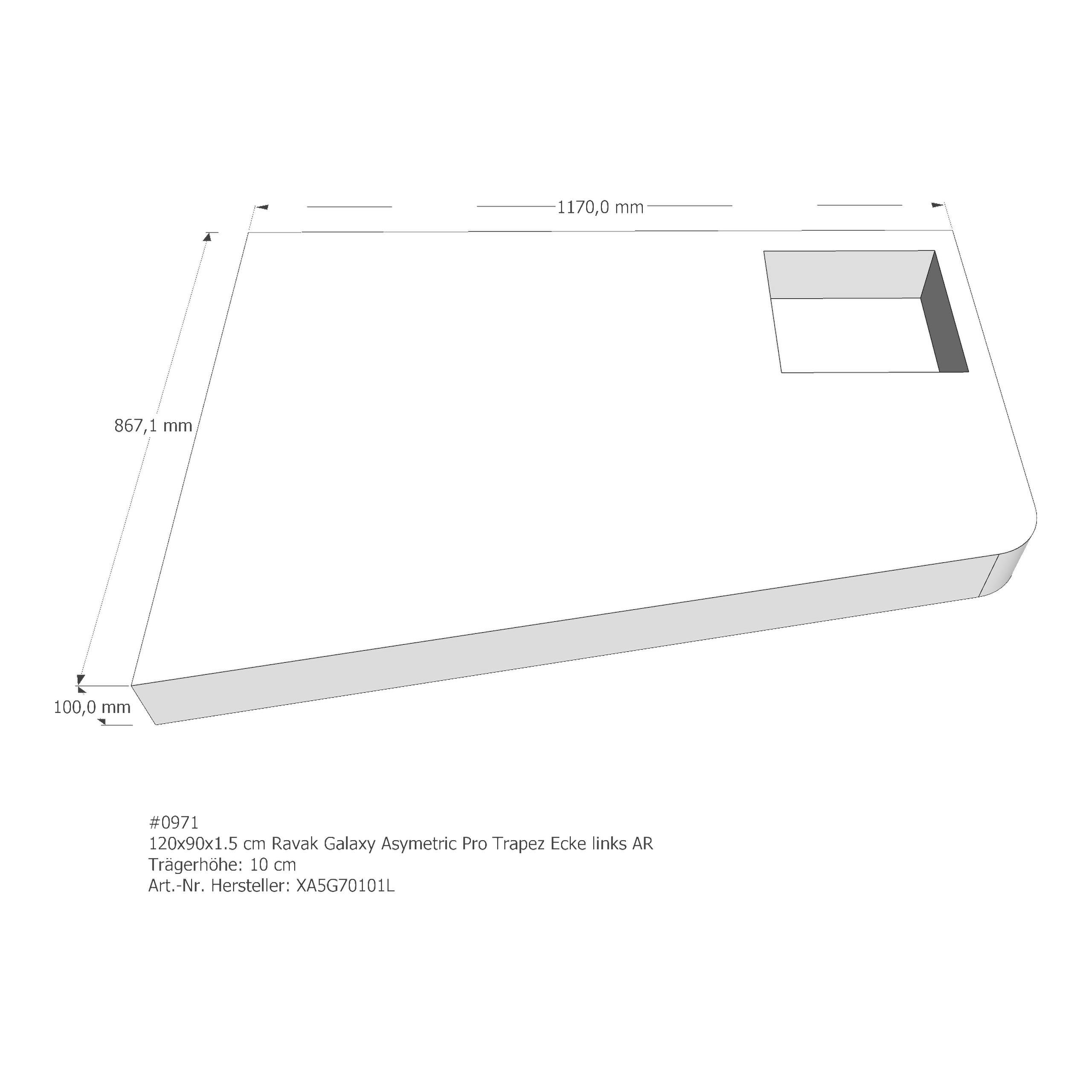 Duschwannenträger für Ravak Galaxy Asymetric Pro 10° 120 × 90 × 1,5 cm