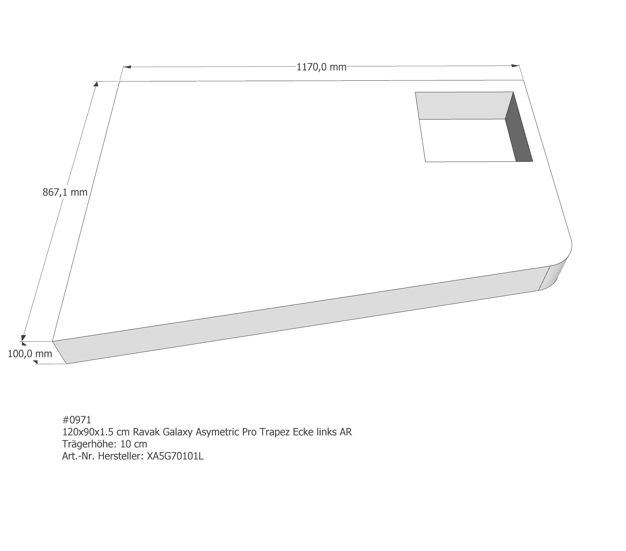 Duschwannenträger für Ravak Galaxy Asymetric Pro 10° links 120 × 90 × 1,5 cm