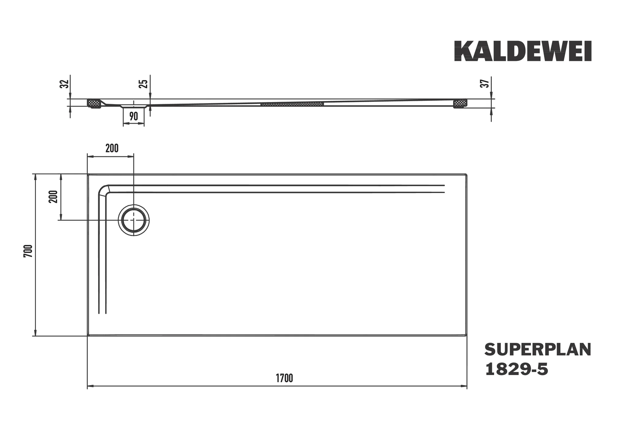 Kaldewei SUPERPLAN Duschfläche extraflach, 700x1700 mm, cool grey 30, Invisible Grip, Eckablauf, 2-seitig begehbar Kaldewei SUPERPLAN Duschfläche extraflach, 700x1700 mm, cool grey 30, Invisible Grip, Eckablauf, 2-seitig begehbar