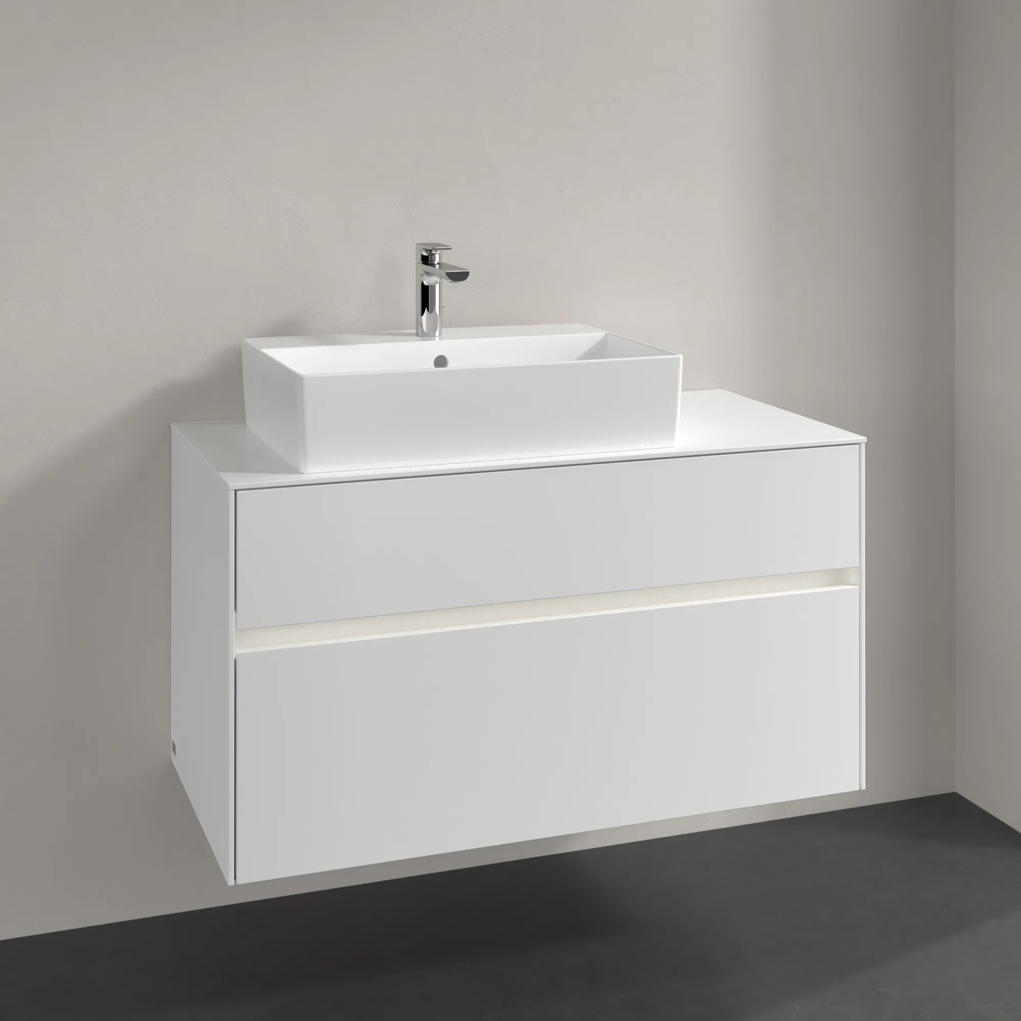 Villeroy & Boch Waschtischunterschrank „Collaro“ 1000 × 548 × 500 mm Weiß Matt, mit Beleuchtung, für Becken links Villeroy & Boch Waschtischunterschrank „Collaro“ 1000 × 548 × 500 mm Weiß Matt, mit Beleuchtung, für Becken links