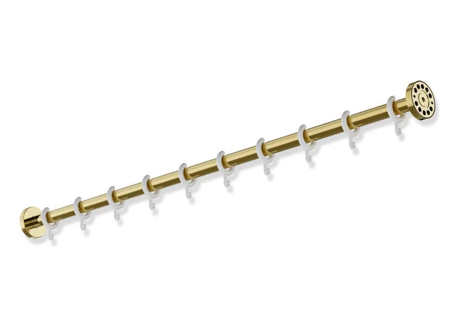 HEWI Vorhangstange System 900, Sonderlänge 400–1500 mm, Edelstahl PVD gold glänzend, Durchmesser 25 mm, mit Vorhangringen aus POM