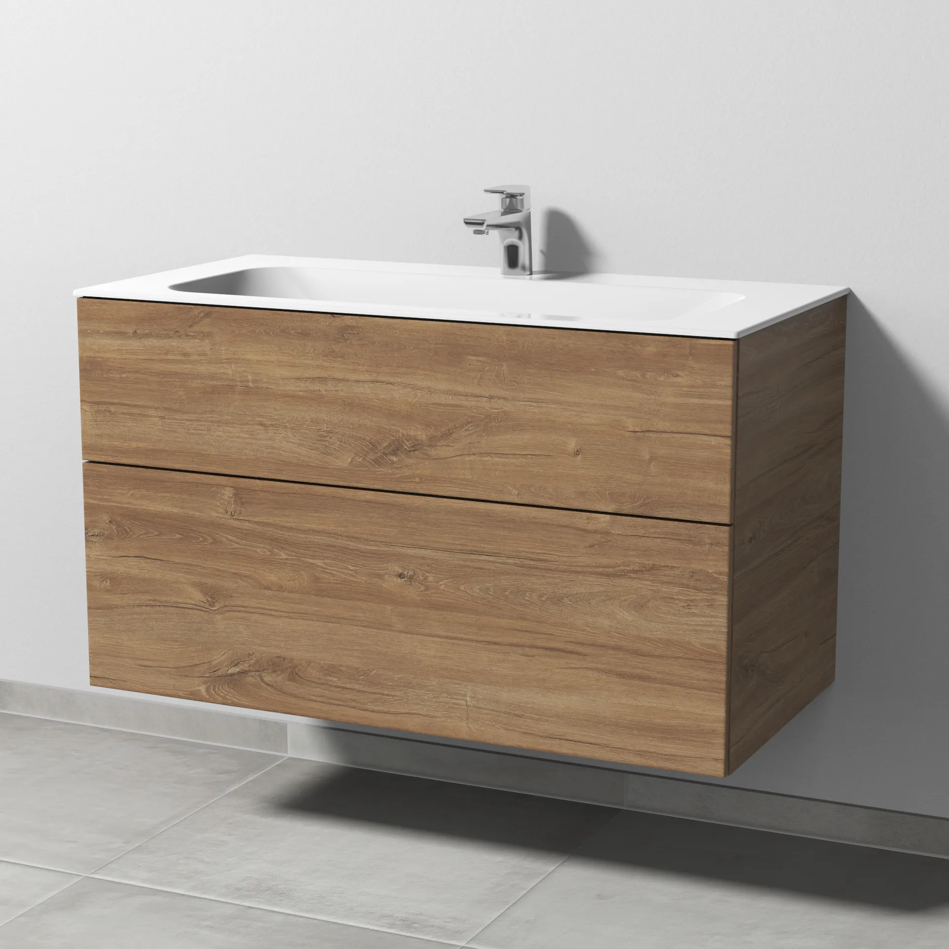 Keramik-Waschtisch-Set mit Waschtischunterschrank „3way“ 99 × 49,7 × 58,2 cm in Eiche Kansas, mit Hahnlochbohrung, Becken mittig