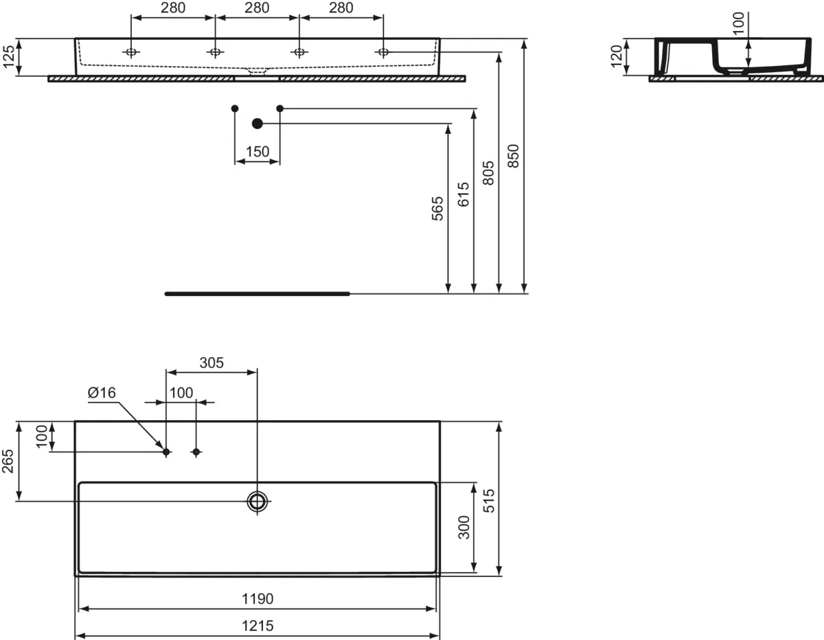 Waschbecken „Solos“ 121,5 × 51,5 × 12,5 cm, Hahnlochposition links in Weiß Waschbecken „Solos“ 121,5 × 51,5 × 12,5 cm, Hahnlochposition links in Weiß